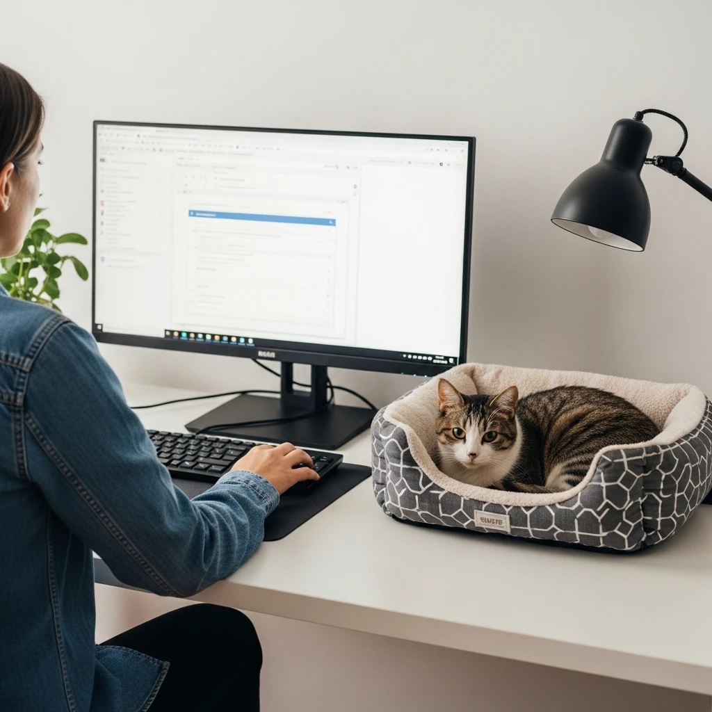 Person working at computer with cat sleeping in bed beside monitor