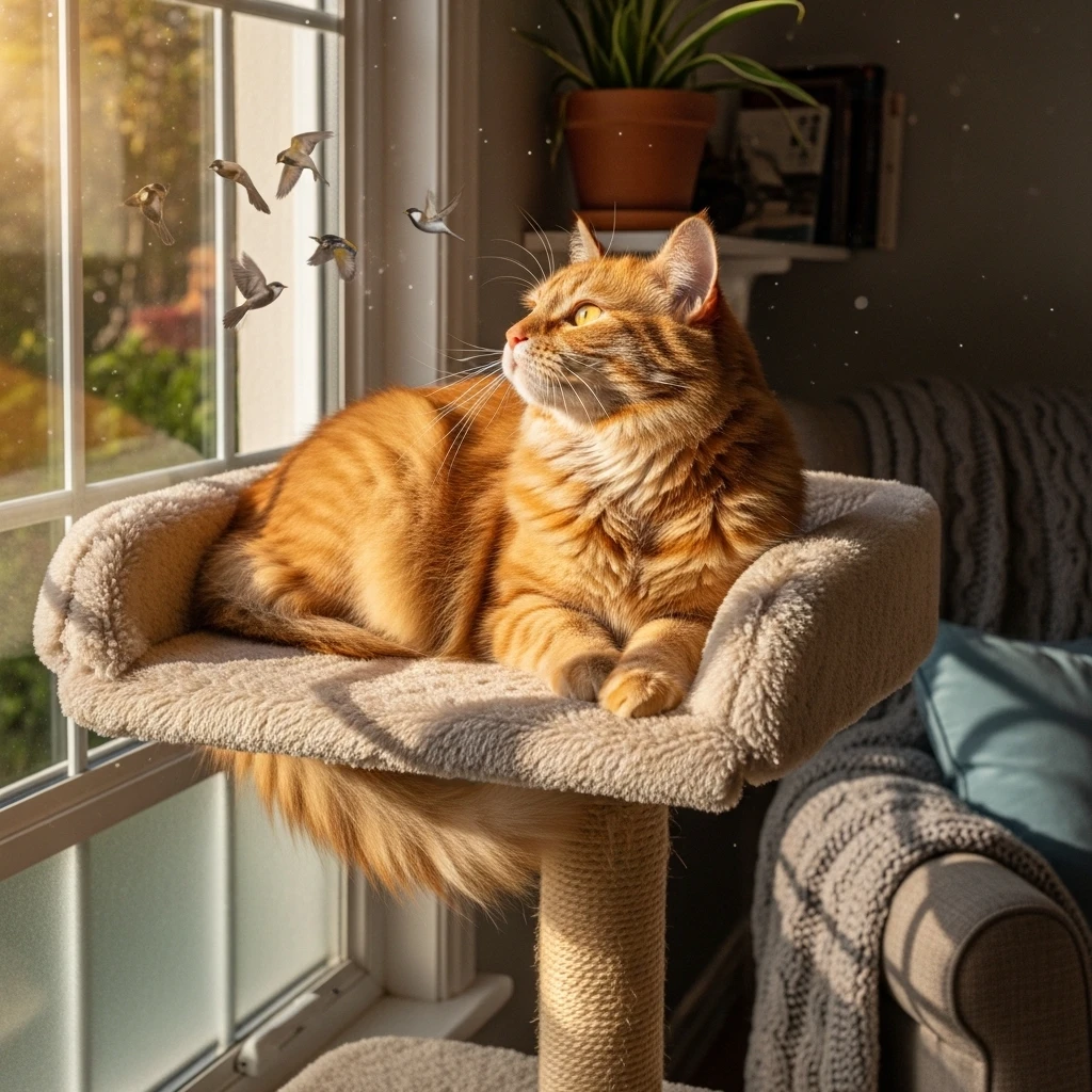  Cat on window perch watching birds outside