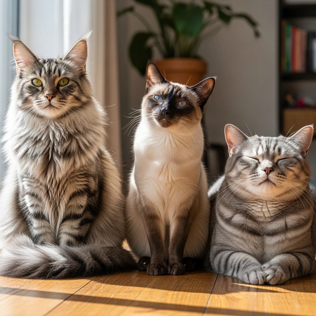 Three cats showing different personalities, illustrating that no two cats are the same